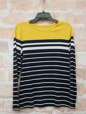 Womens Talbots Yellow Yoke Navy and White Striped Crew Sweater